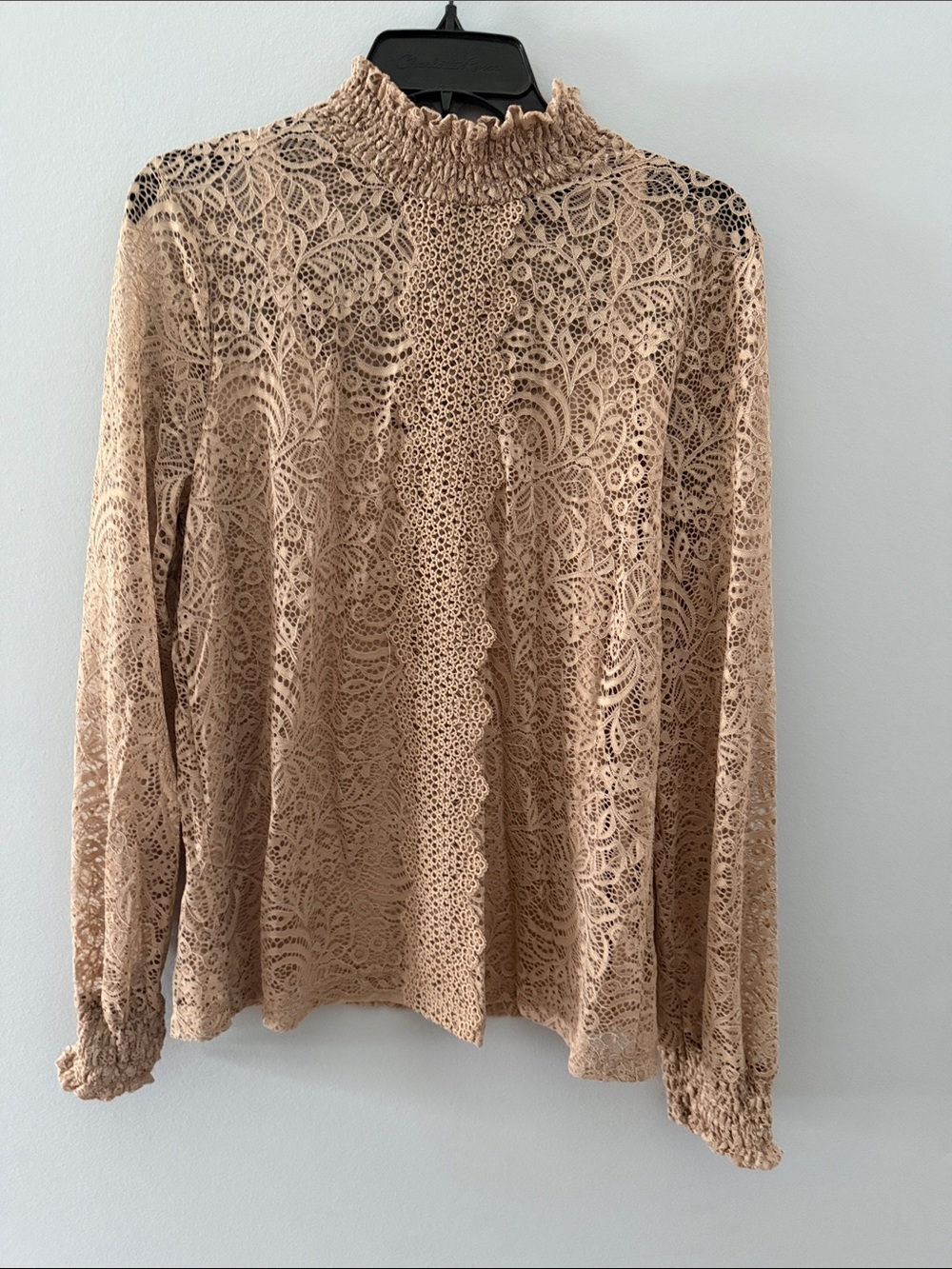 Cable & Gauge Beige Lace High-Neck Long Sleeve Blouse